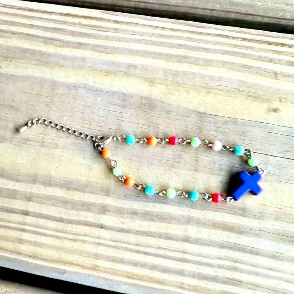 Purple Cross Bracelet Easter Beaded Kids Girl Child Communion Spring Dainty